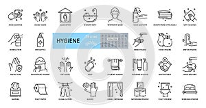 Hygiene icons. Set of 29 images with editable stroke. Includes hygiene of hands, body, premises, clothing, bedding. Hand washing