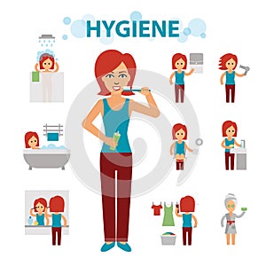 Hygiene infographic elements. Woman is busy, cleanliness, bathing, toilet, laundry, taking a bath, brushing teeth photo