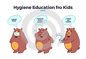 Hygiene for kids, illustration steps to prevent virus infection. Cute cartoon bear character wearing protective mask, correctly photo