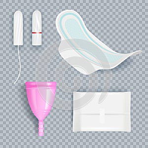 Hygiene ladies. Female pads and tampons for softness clean absorbent products vector realistic set