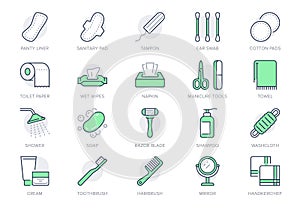 Hygiene line icons. Vector illustration include icon - shower, soap, towel, toilet paper, tissue, sponge, handkerchiefs