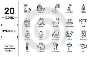 hygiene linear icon set. includes thin line shaving gel, baby wipe, antiseptic, primp, lens, bathroom, water heater icons for