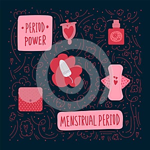 Hygiene of the menstrual period. A beautiful feminist menstrual set. Vector poster with elements of hygiene products