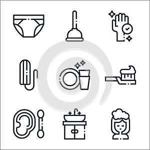 hygiene routine line icons. linear set. quality vector line set such as hair washing, sink, cotton swab, toothbrush, clean dishes