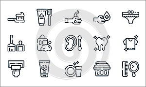 hygiene routine line icons. linear set. quality vector line set such as mirror, clean dishes, paper towel, towel, cream, broom,