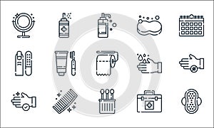 hygiene routine line icons. linear set. quality vector line set such as sanitary pad, cotton swabs, hand wash, first aid kit, comb