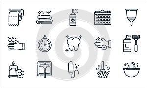 hygiene routine line icons. linear set. quality vector line set such as sink, tampon, candle, mop, window cleaning, handwash, hand