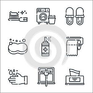 Hygiene routine line icons. linear set. quality vector line set such as tissue box, window cleaning, handwash, toilet paper, spray