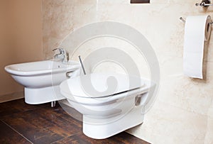 Hygiene. White porcelain bidet and toilet. Interior of bathroom.