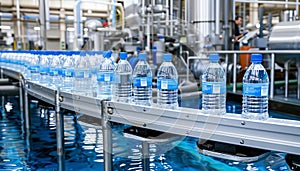 Hygienic factory bottling drinking water in plastic containers for quality assurance