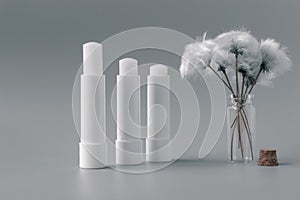 Hygienic lip balms and fluffy white flower on silver color background