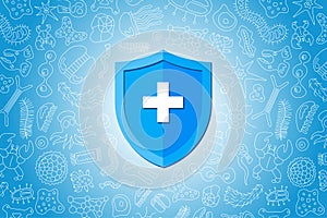 Hygienic medical prevention blue shield protecting from virus germs and bacteria. Immune system concept. Microbiology