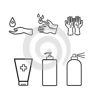 Hygienic and sanitation icon set. included the icon as hand, washing, clean, Tube hand wash, Bottle hand washing liquid, Spray han