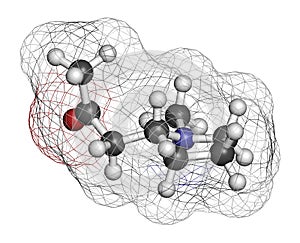 Hygrine coca alkaloid molecule. 3D rendering. Atoms are represented as spheres with conventional color coding: hydrogen (white),