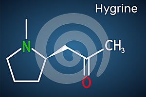 Hygrine pyrrolidine alkaloid molecule. It is found in the coca plant. Structural chemical formula on the dark blue background