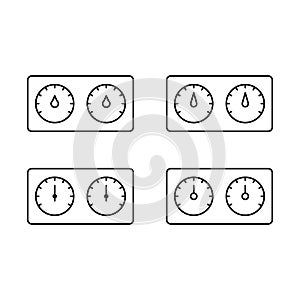 Hygrometer with two dials, icons set. Linear pictogram of bath thermohygrometer. Black simple illustration of special device for photo