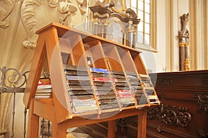 Hymn books for prayers in church. The bibles and hymnals