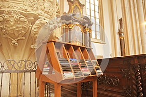 Hymn books for prayers in church. The bibles and hymnals
