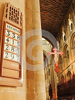 Hymn numbers on the board at Peterborough Cathedral, Cambridgeshire, England 