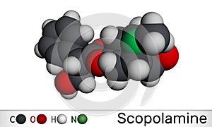 Hyoscine, scopolamine. L-Scopolamine molecule. It is natural plant alkaloid, psychoactive, anticholinergic, antimuscarinic drug.