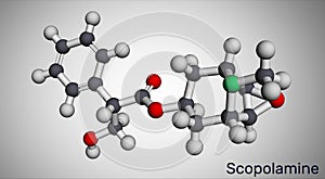 Hyoscine, scopolamine. L-Scopolamine molecule. It is natural plant alkaloid, psychoactive, anticholinergic, antimuscarinic drug.