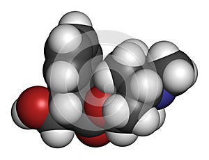 Hyoscyamine alkaloid molecule. Herbal sources include henbane, mandrake, jimsonweed, deadly nightshade and tomato. 3D rendering.