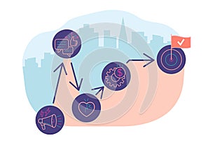 Hype cycle graph illustration on cityscape.