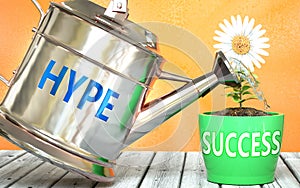 Hype helps achieving success - pictured as word Hype on a watering can to symbolize that Hype makes success grow and it is