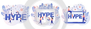 Hype marketing. Social media viral or fake content. Tiny people following internet trends. Bloggers, celebrities