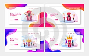 Hype, Popularity, Fame Landing Page Template Set. Tiny Characters Put Huge Royal Crown on Woman Head Sitting on Throne