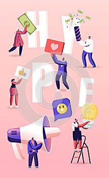 Hype, Social Media Viral or Fake Content Spreading Concept. Tiny Characters with Huge Letters and Megaphone