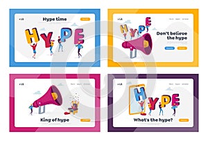 Hype, Viral Internet Content Landing Page Template Set. Tiny Characters Hold Huge Letters Making Word Hype