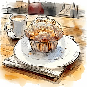 Hyper-detailed Art Illustration Of Muffin On Plate With Coffee
