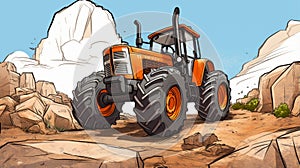 Hyper-detailed Cartoon Tractor Driving Over Rocks And Trees