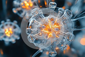 Hyper-detailed close-up of adeno-associated virus capsid proteins illuminated in cellular fluid with intricate photo