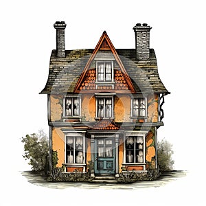 Hyper-detailed Cottage House Drawing In The Style Of Esao Andrews