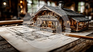 Hyper-Detailed 3D Rendering of House Construction on Architectural Blueprints. Generative AI