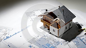 Hyper-Detailed 3D Rendering of House Construction on Architectural Blueprints. Generative AI