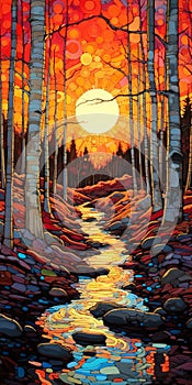 Hyper Detailed Forest Sunset Painting Inspired By Erin Hanson