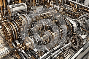 Hyper-Detailed Graphic Art: Intricate Machinery Parts in an Industrial Landscape