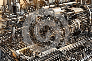 Hyper-Detailed Graphic Art: Intricate Machinery Parts in an Industrial Landscape