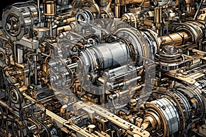 Hyper-Detailed Graphic Art: Intricate Machinery Parts in an Industrial Landscape