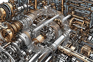 Hyper-Detailed Graphic Art: Intricate Machinery Parts in an Industrial Landscape