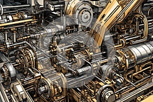 Hyper-Detailed Graphic Art: Intricate Machinery Parts in an Industrial Landscape