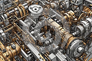 Hyper-Detailed Graphic Art: Intricate Machinery Parts in an Industrial Landscape