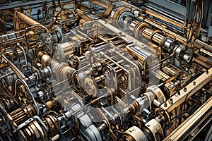 Hyper-Detailed Graphic Art: Intricate Machinery Parts in an Industrial Landscape