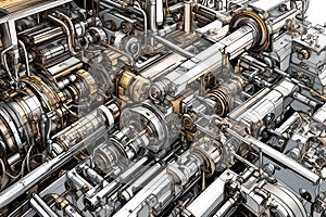 Hyper-Detailed Graphic Art: Intricate Machinery Parts in an Industrial Landscape