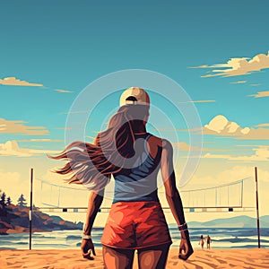 Hyper-detailed Illustration Of A Girl Walking On A Beach Near The Sky