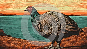 Hyper-detailed Illustration Of A Turkey Facing The Ocean