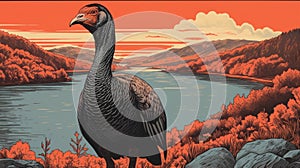 Hyper-detailed Illustration Of A Turkey Near Brackish Water With Risograph Ra 6100 Texture